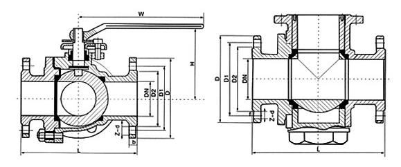 Q44F/Q45F三通球閥結(jié)構(gòu)圖